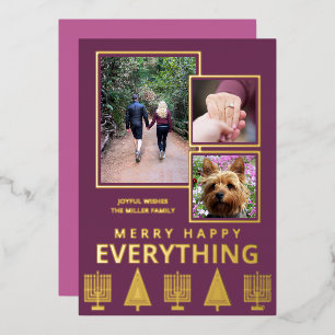 Interfaith 3 Photo Simple Trendy Purple Gold Foil Holiday Card