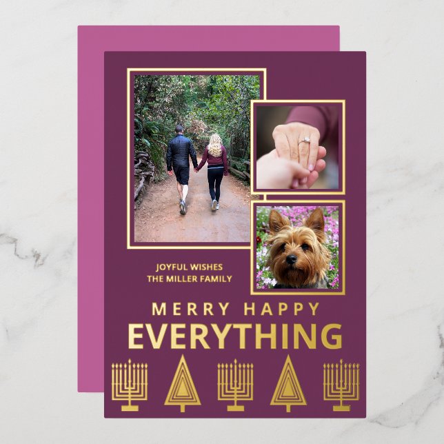 Interfaith 3 Photo Simple Trendy Purple Gold Foil Holiday Card (Front/Back)