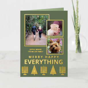 Interfaith 3 Photo Trendy Simple Green Gold Foil Holiday Card