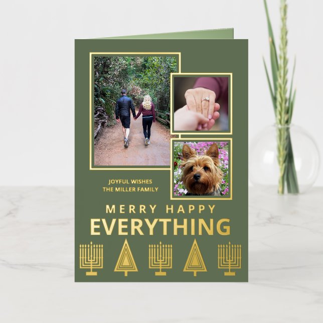 Interfaith 3 Photo Trendy Simple Green Gold Foil Holiday Card (Front)