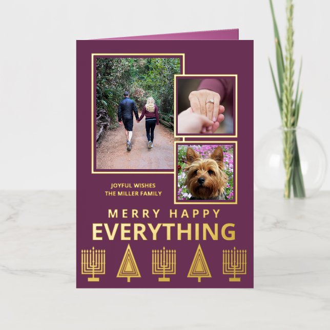 Interfaith 3 Photo Trendy Simple Purple Gold Foil Holiday Card (Front)