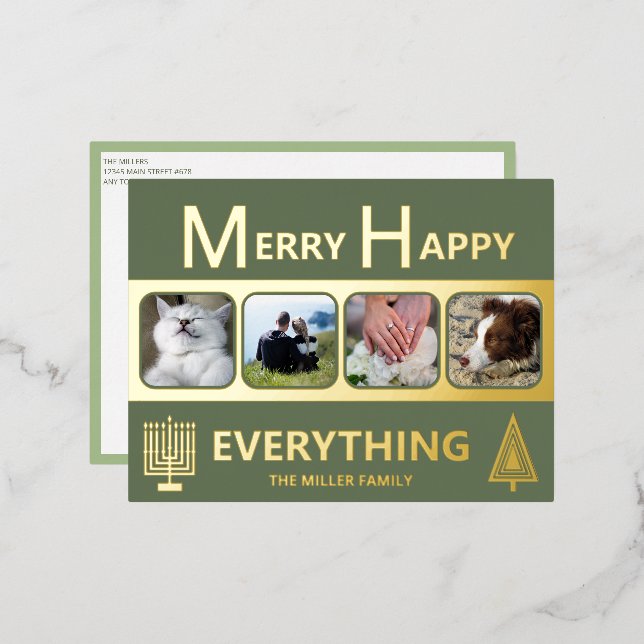 Interfaith 4 Photo Simple Modern Green Gold Foil Holiday Postcard (Front/Back)