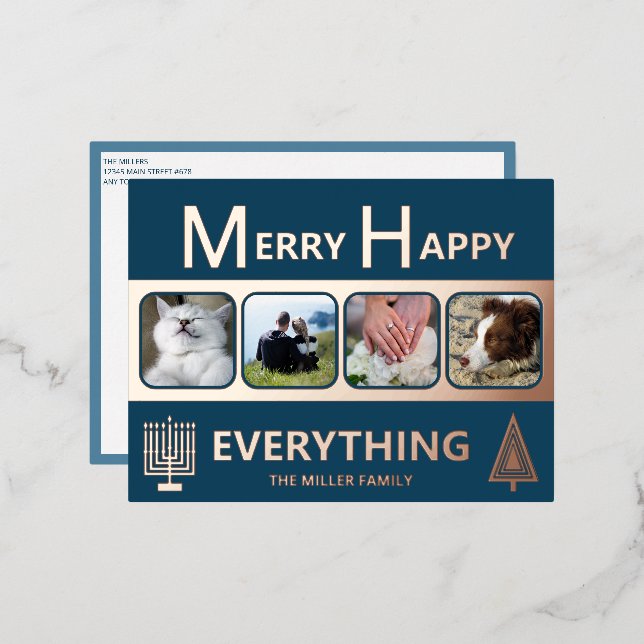 Interfaith 4 Photo Simple Modern Navy Rose Gold Foil Holiday Postcard (Front/Back)