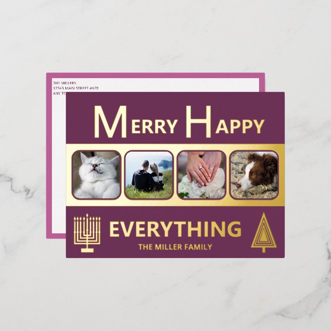 Interfaith 4 Photo Simple Modern Purple Gold Foil Holiday Postcard (Front/Back)