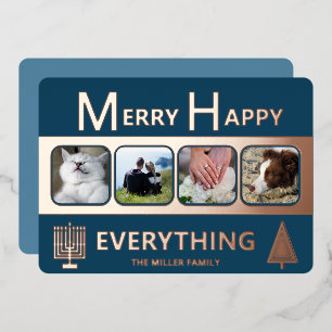 Interfaith 4 Photo Simple Trendy Navy Rose Gold Foil Holiday Card