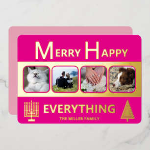 Interfaith 4 Photo Simple Trendy Pink Gold Foil Holiday Card