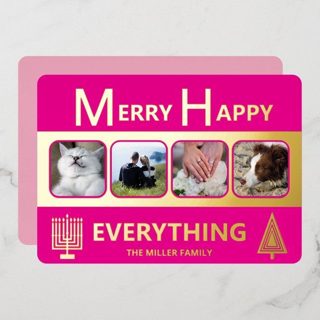 Interfaith 4 Photo Simple Trendy Pink Gold Foil Holiday Card (Front/Back)
