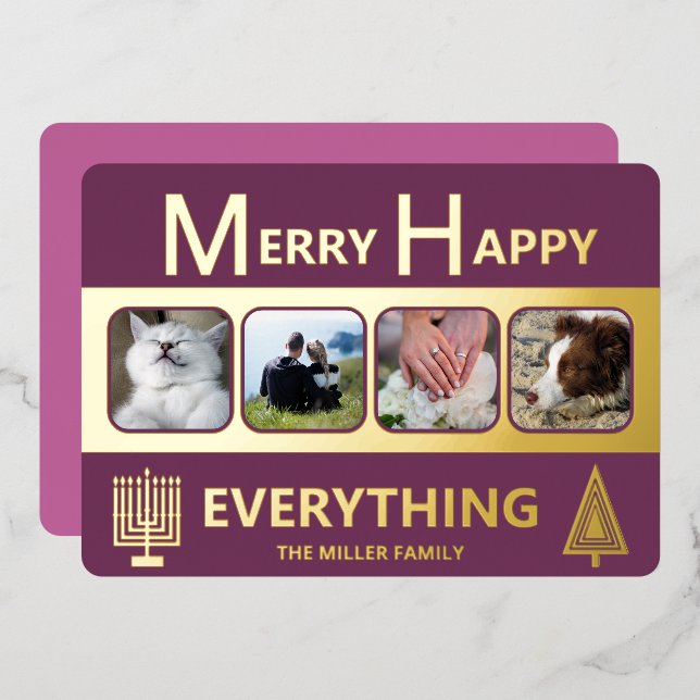 Interfaith 4 Photo Simple Trendy Purple Gold Foil Holiday Card (Front/Back)