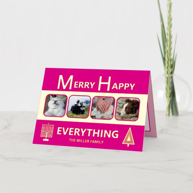 Interfaith 4 Photo Trendy Simple Pink Gold Foil Holiday Card (Front)