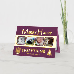 Interfaith 4 Photo Trendy Simple Purple Gold Foil Holiday Card