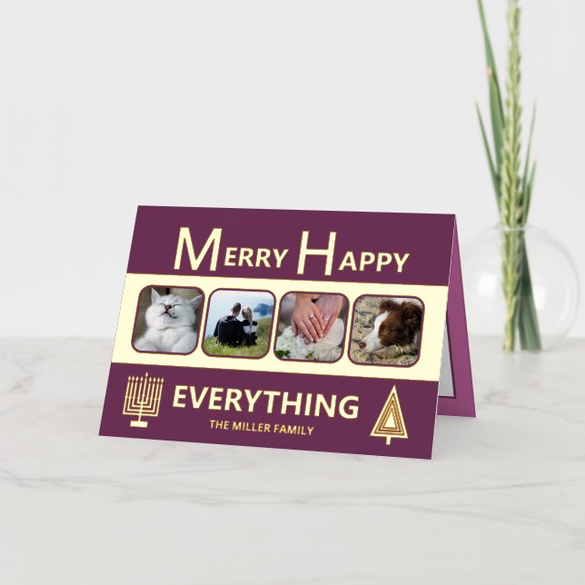 Interfaith 4 Photo Trendy Simple Purple Gold Foil Holiday Card (Front)