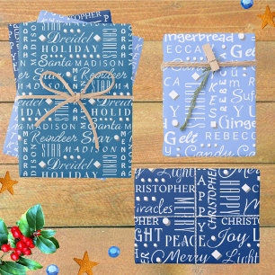 Interfaith Holiday WordArt White On Blue Kids Name Wrapping Paper Sheet