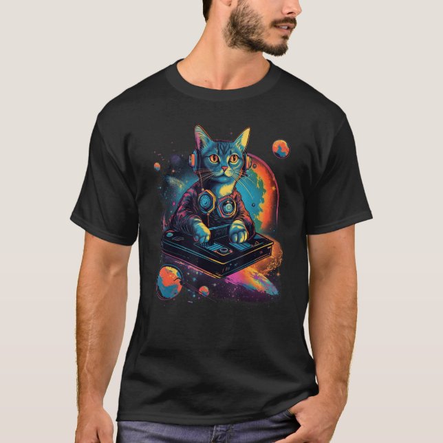 Intergalactic Cosmic DJ Cat Vibrant Retro Futurist T-Shirt (Front)