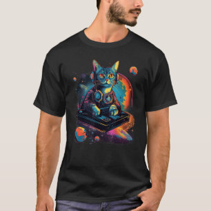 Intergalactic Cosmic DJ Cat Vibrant Retro Futurist T-Shirt