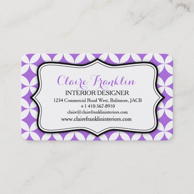 Interior design business circular purple pattern business card (Front)