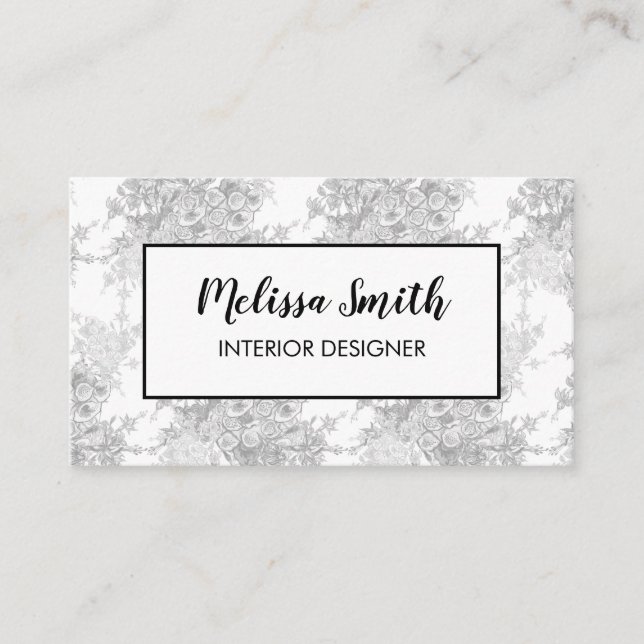 Interior Design Floral Pattern Grey Business Card (Front)