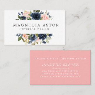 Interior Design Floral Watercolor Pink Navy Girly Business Card