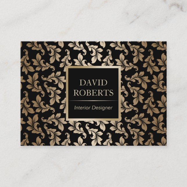 Interior Design Luxury Black & Gold Damask Modern Business Card (Front)