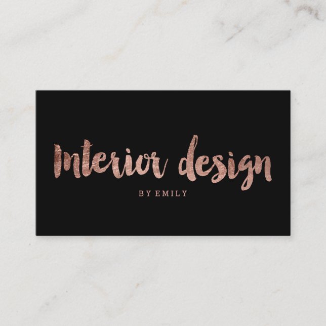 Interior design rose gold typography simple black business card (Front)