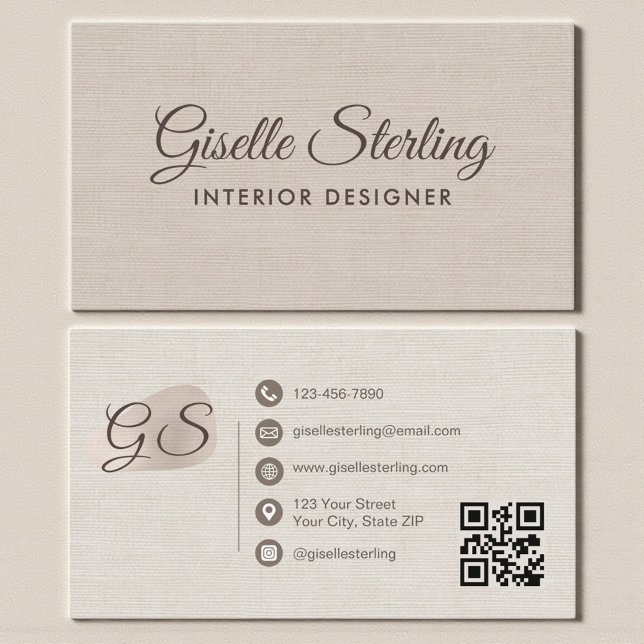 Interior Designer Beige Linen Elegant QR Code Business Card (Creator Uploaded)