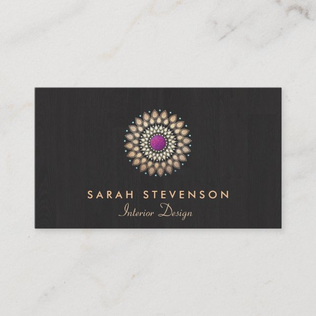 Interior Designer Gold and Purple Motif Wood Look Business Card (Front)
