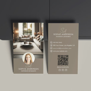 Interior Designer Monogram Photo QR Taupe Business Card