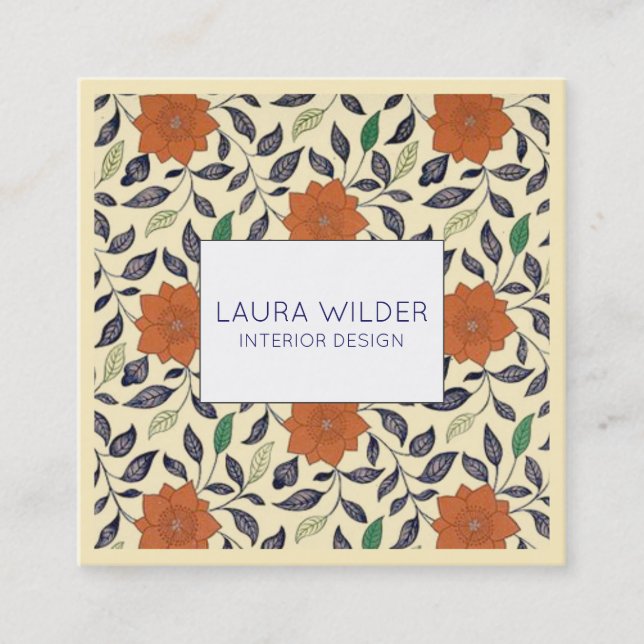 Interior Designer Monogrammed Floral Pattern Cream Square Business Card (Front)