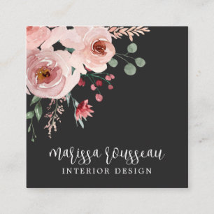 Interior Designer Pink Floral Boho Black Square Business Card