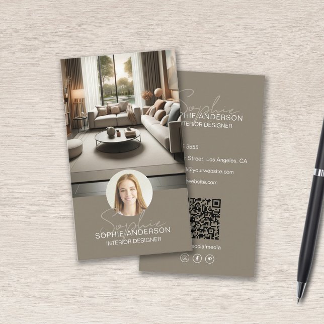 Interior Designer Script Name Photo QR Taupe Business Card (Interior Designer Script Name Photo QR Taupe Business Card)