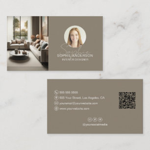 Interior Designer Script Name Photo QR Taupe Business Card