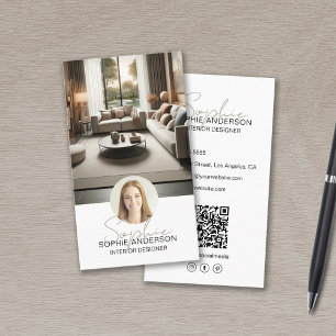 Interior Designer Script Name Photo QR White Business Card