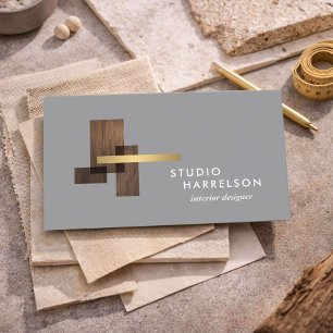 Interior Designer Wood Gold Logo Grey Business Card