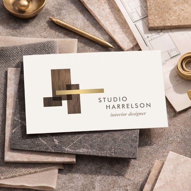 Interior Designer Wood Gold Logo Ivory Business Card (Creator Uploaded)