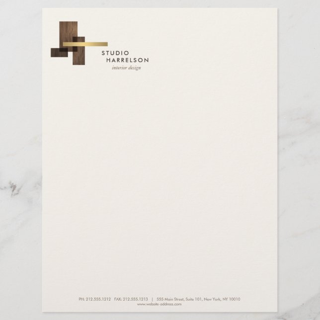 Interior Designer Wood Gold Logo Ivory Custom Letterhead (Front)