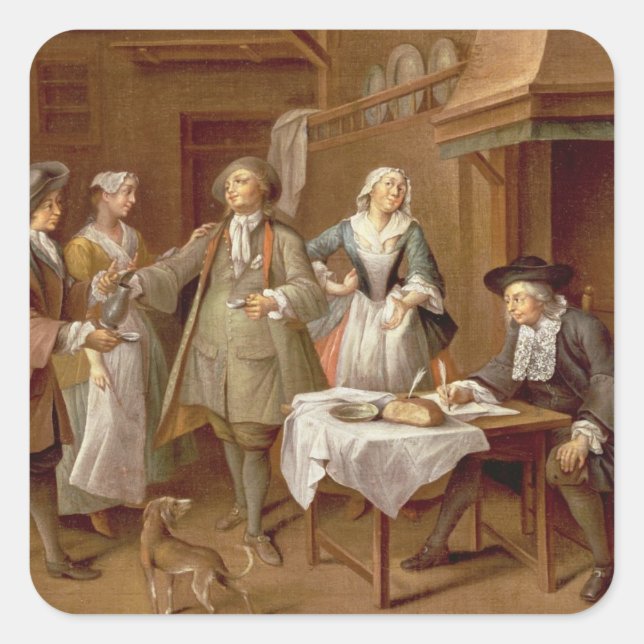 Interior of a Kitchen with Figures Tasting Wine Square Sticker (Front)