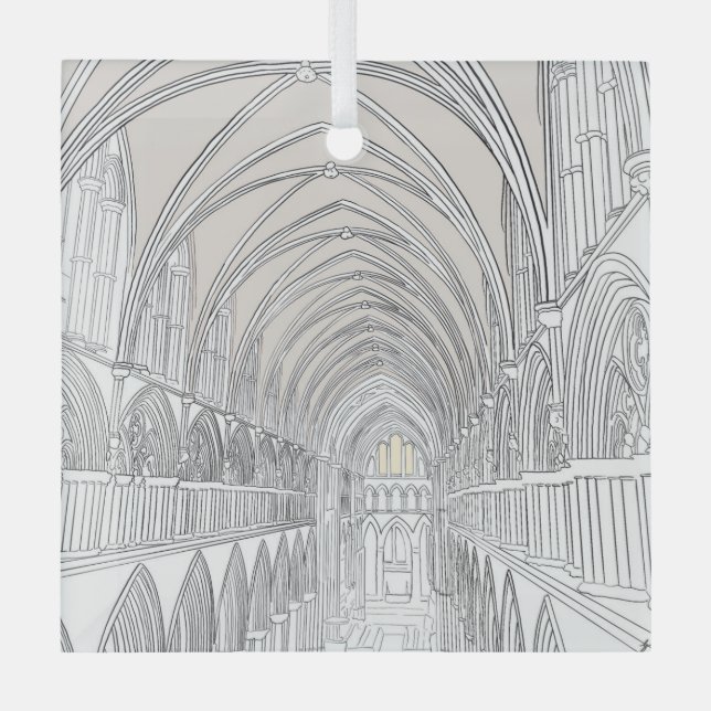 Interior of Salisbury Cathedral | Line Drawing Glass Tree Decoration (Front)