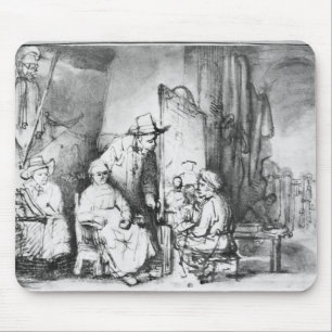 Interior of studio with painter painting mouse mat