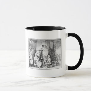 Interior of studio with painter painting mug