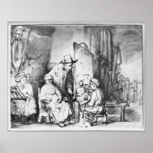 Interior of studio with painter painting poster