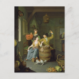 Interior with a couple celebrating postcard