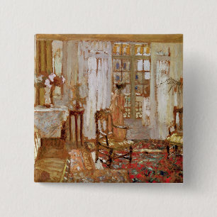 Interior with a Woman in Yellow in Front 15 Cm Square Badge