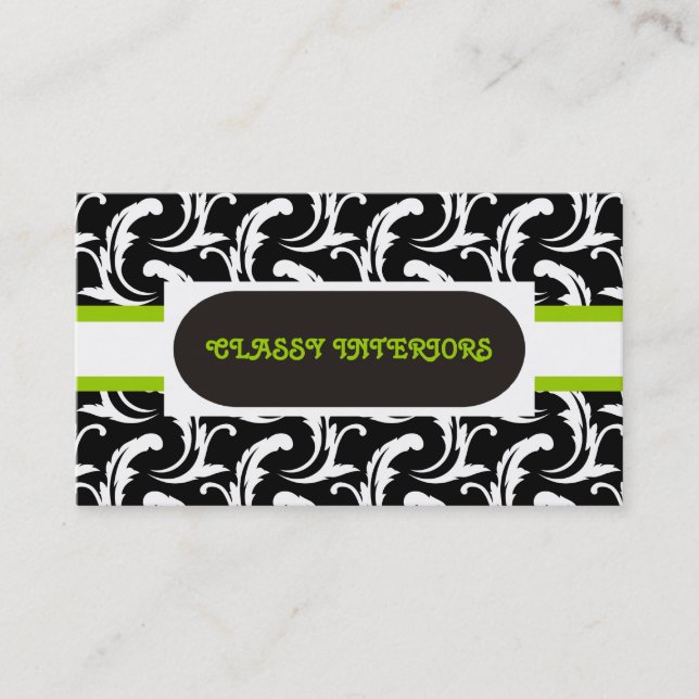 Interiors black, white, green damask business card (Front)