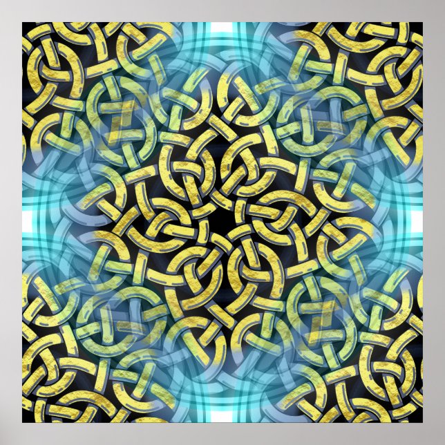 Interlacing Victorian Golden Trim Aqua Background Poster (Front)