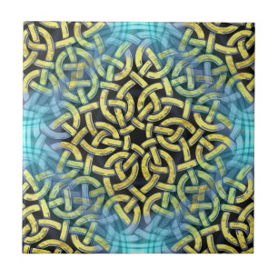 Interlacing Victorian Golden Trim Aqua Background Tile