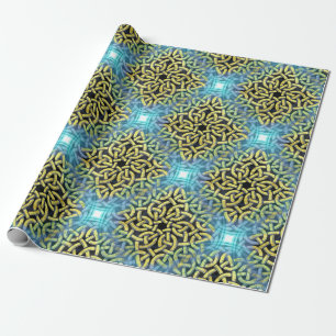 Interlacing Victorian Golden Trim Aqua Background Wrapping Paper