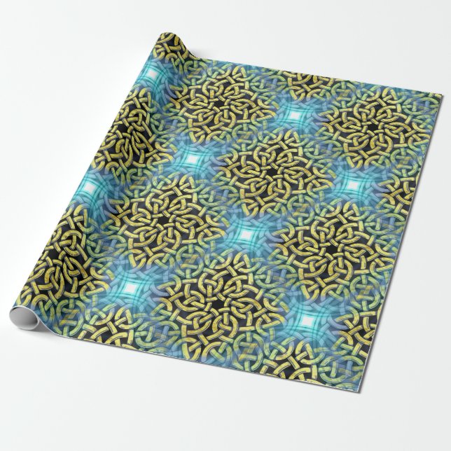 Interlacing Victorian Golden Trim Aqua Background Wrapping Paper (Unrolled)