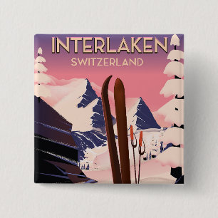 Interlaken Switzerland Ski travel poster. 15 Cm Square Badge