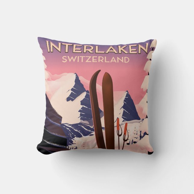 Interlaken Switzerland Ski travel poster. Cushion (Front)