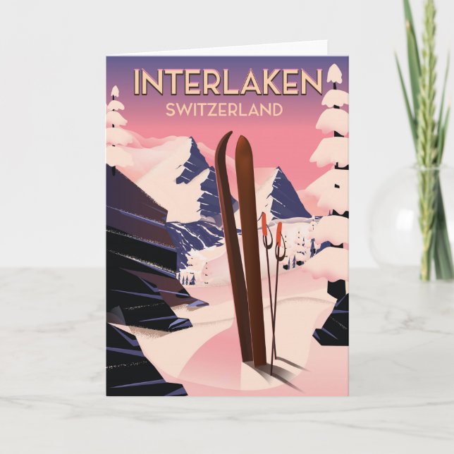 Interlaken Switzerland Ski travel poster. Holiday Card (Front)
