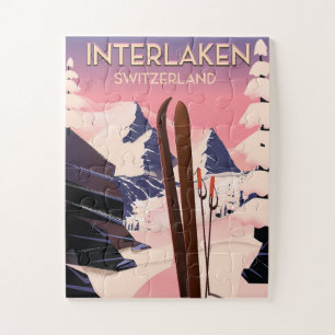Interlaken Switzerland Ski travel poster. Jigsaw Puzzle
